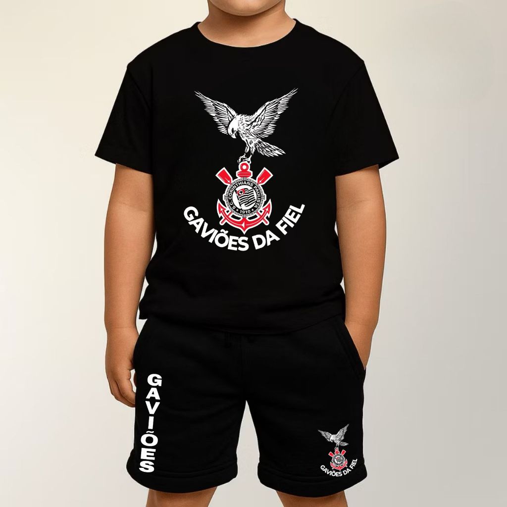 CAMISA CAMISETA KIT CONJUNTO INFANTIL PERSONALIZADO GAVIÕES DA FIEL BERMUDA SHORTS PRESENTE TIME FUTEBOL