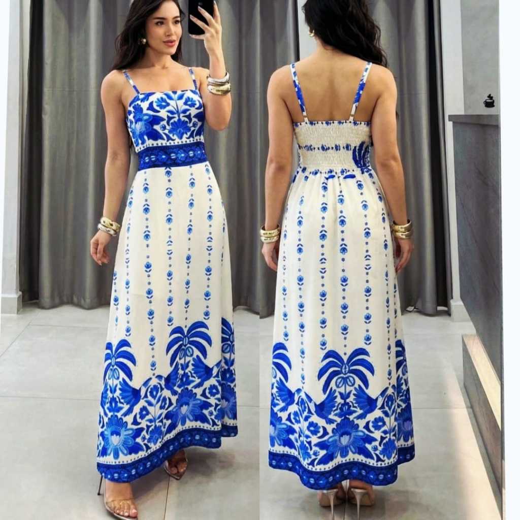 Vestido Longo feminino Com bojo  Lastex Nas Costas Tecido Estampado Festa Elegante em Oferta na Shopee