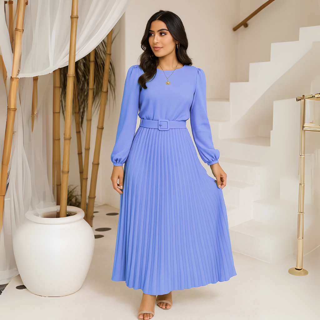 Vestido Longo Forrado Saia Plissada Manga Longa Meia Estação em Oferta na Shopee