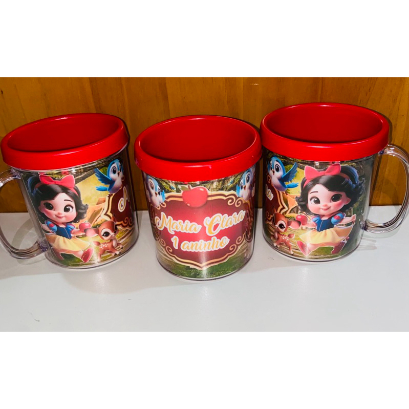 10 canecas acrílica personalizada para festa infantil lembrancinha Branca de neve Baby