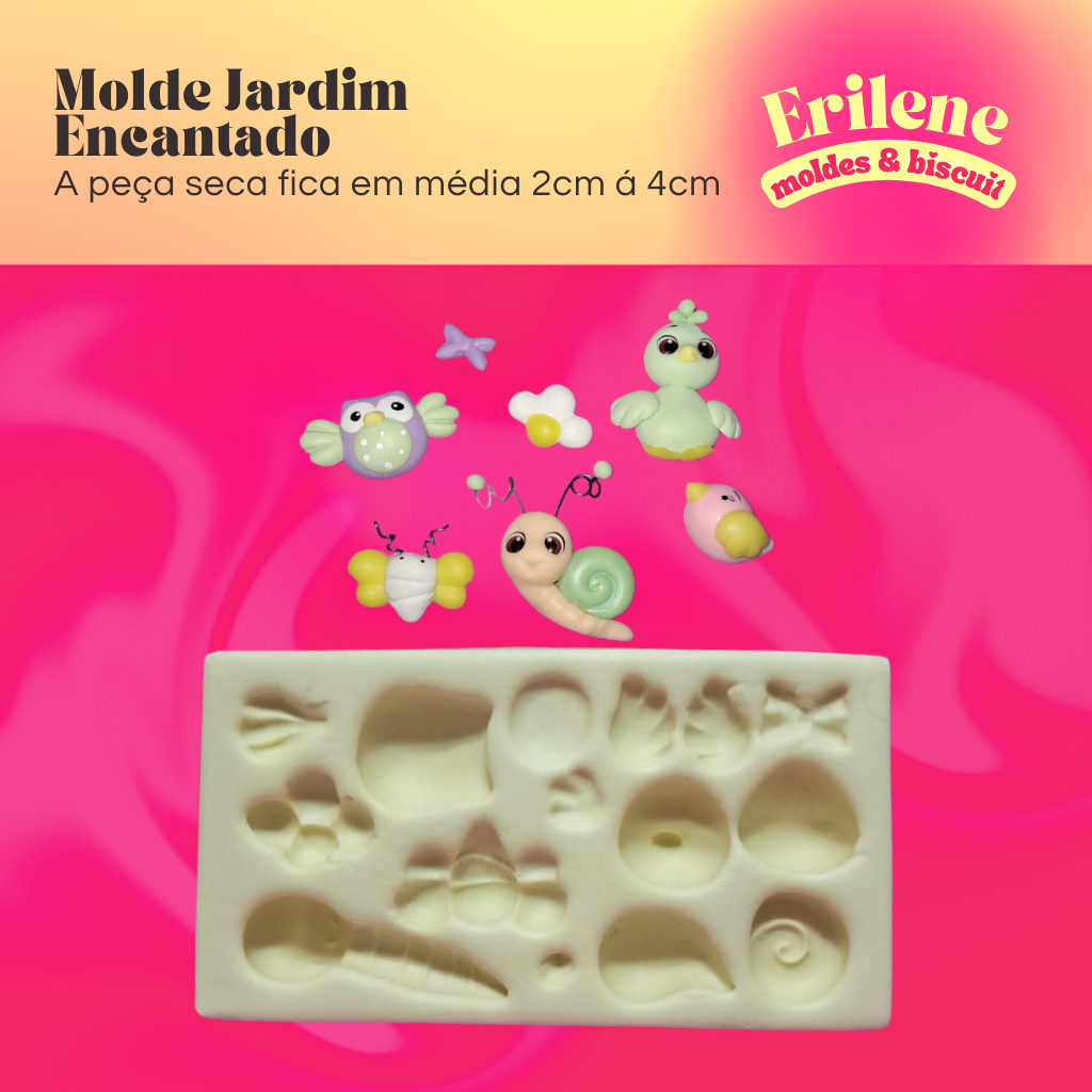 Molde de Silicone Jardim Encantado Passarinhos Coruja Caracol Borboleta Lacinho Meia Flor - Erilene Moldes & Biscuit
