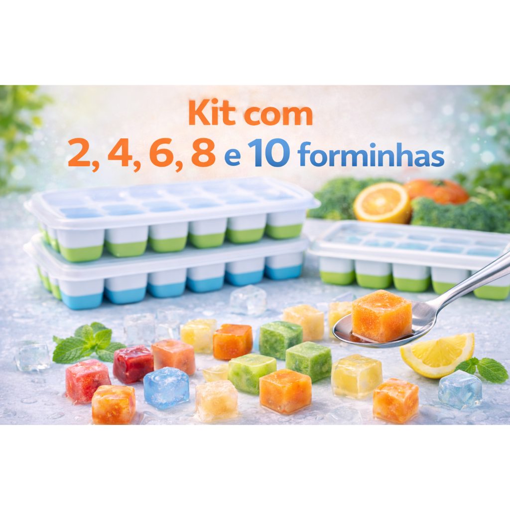 Forma de Gelo de Silicone para Papinha de Bebê com Tampa | 14 Cubos | Caldos Sucos e Gelo | Forminha de Gelo de silicone