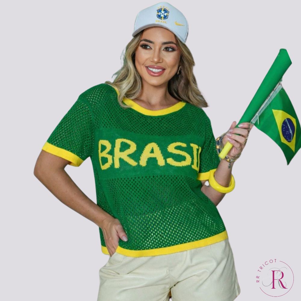 Camiseta Brasil Feminina Tricô Diferenciado Vazado Moda Copa Do Mundo Design Moderno