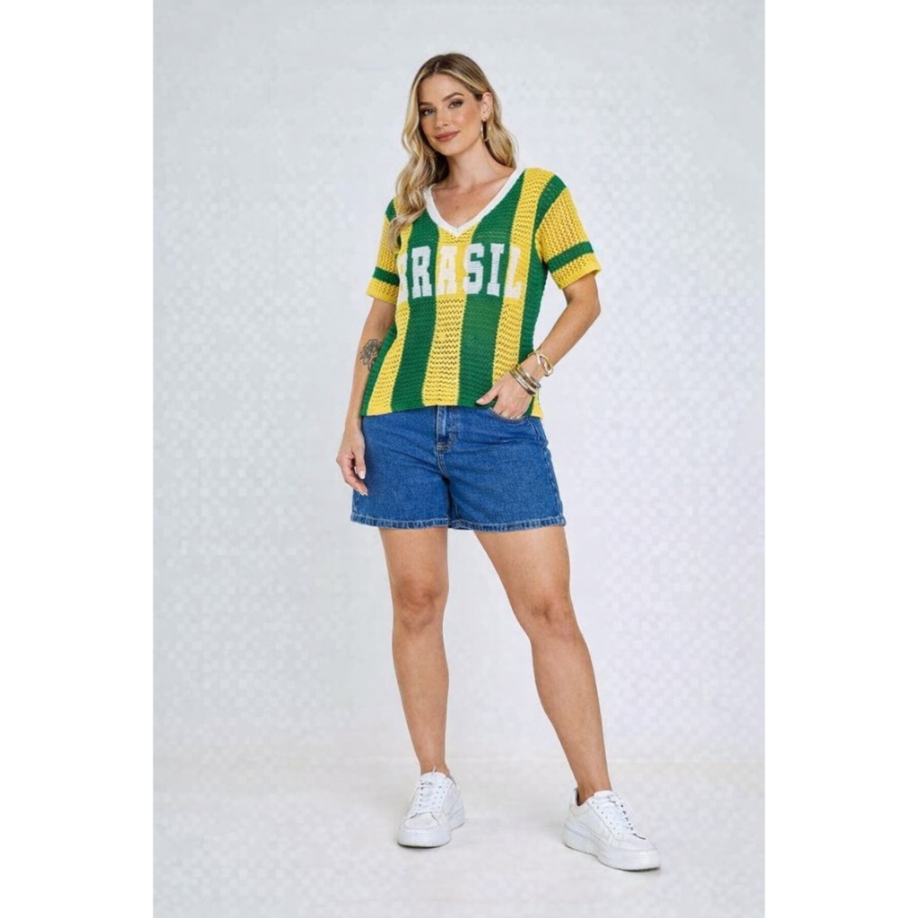 Camisa Brasil Tricot Feminina Crochê Decote V Copa Seleção Verde E Amarelo Brazilcore Moda em Oferta na Shopee