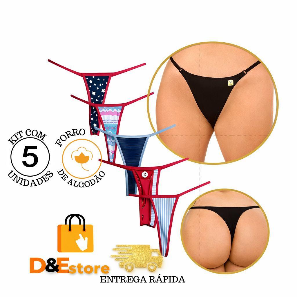 Kit 5 Calcinhas Fio Dental Feminina Forro Algodão Confortável Estampas Diversas