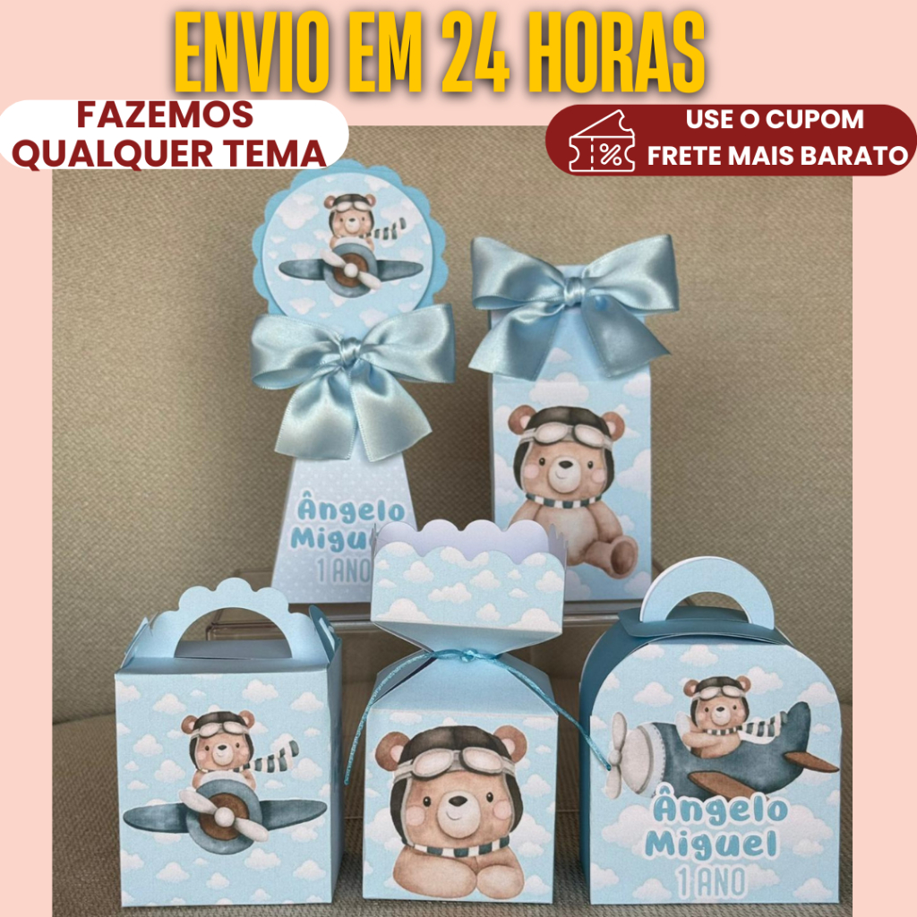 PEGUE E MONTE - Kit Festa Personalizado Ursinho Aviador, urso baloeiro - Lembrancinhas para festa aniversário caixinha
