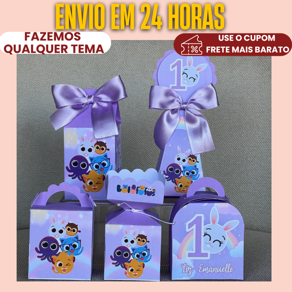 PEGUE E MONTE - Kit Festa Personalizado Bolofofos Lilás Menina - Lembrancinhas para festa aniversário caixinha