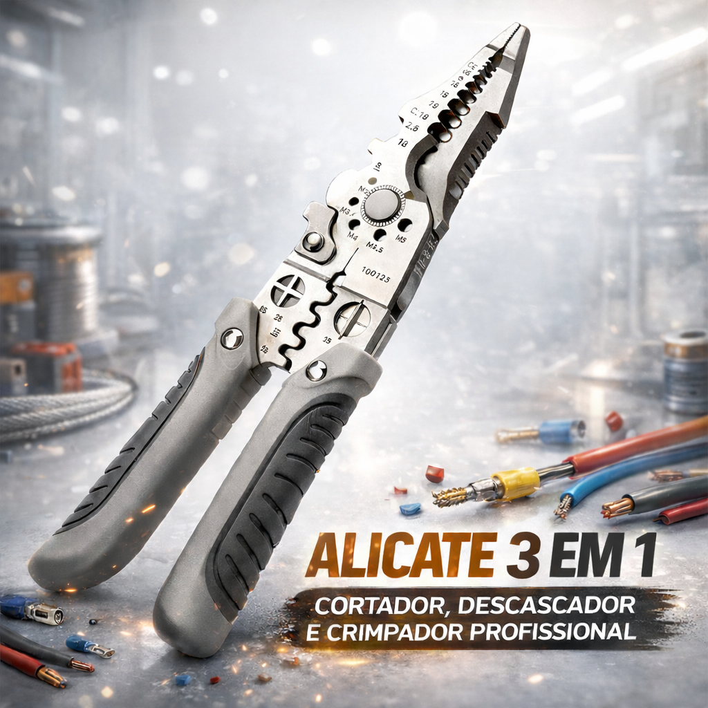 Alicate 3 em 1 Cortador de Fios Elétricos Descascador e Profissional Crimpador 1755