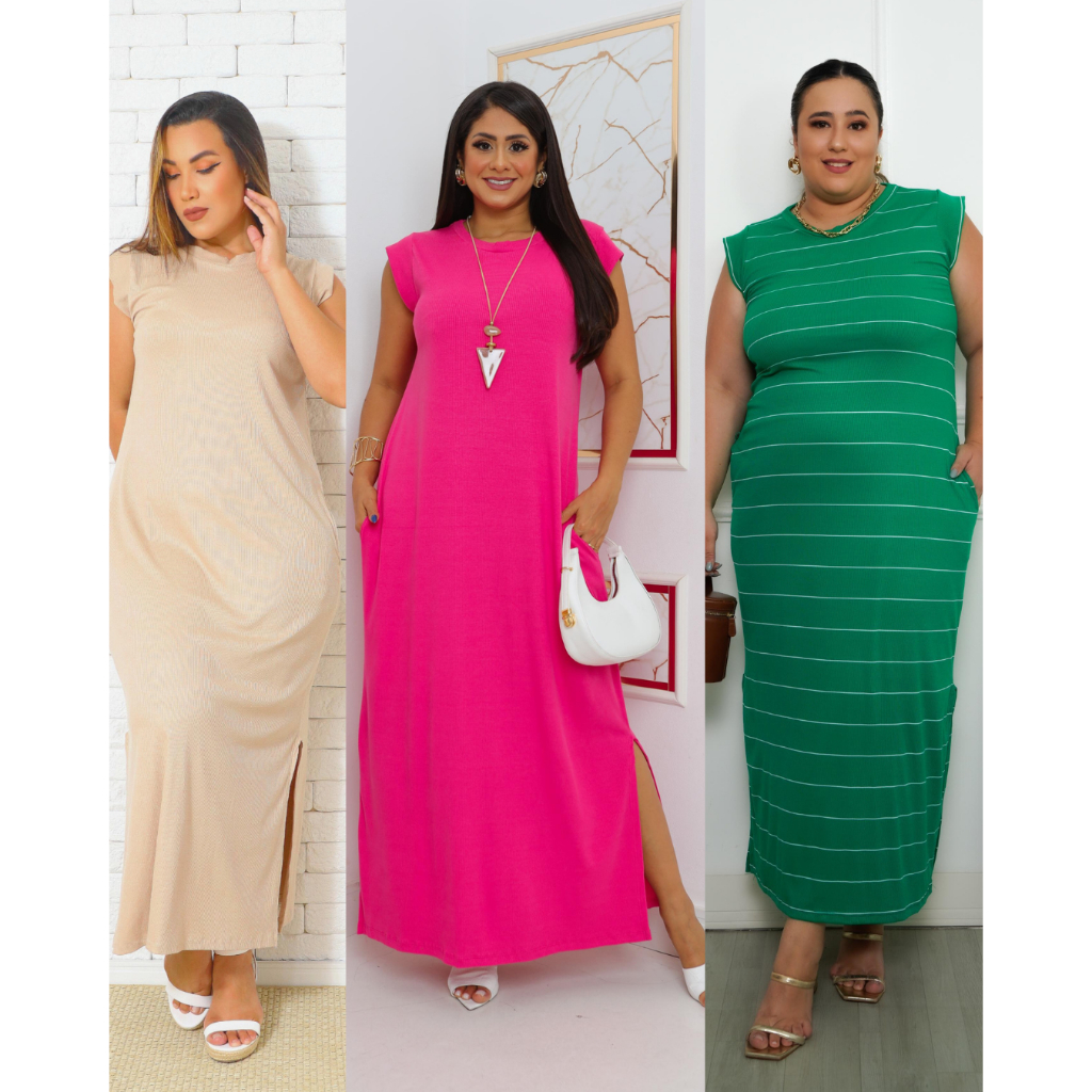 Vestdo ribana longo com fenda e bolso plus size confort