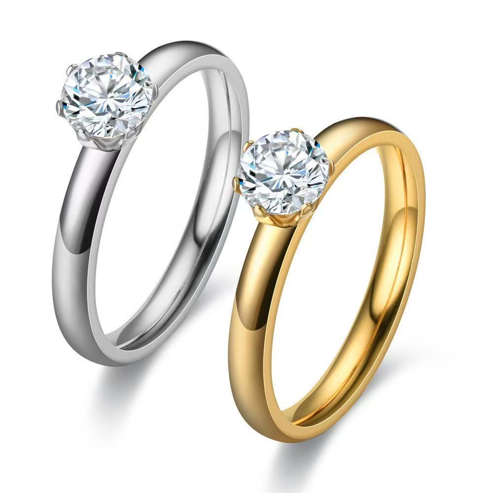 Anel Solitário Banhado A Ouro 18K Pedra Zircônia Formato Diamante 4mm Aço Inoxidável moda