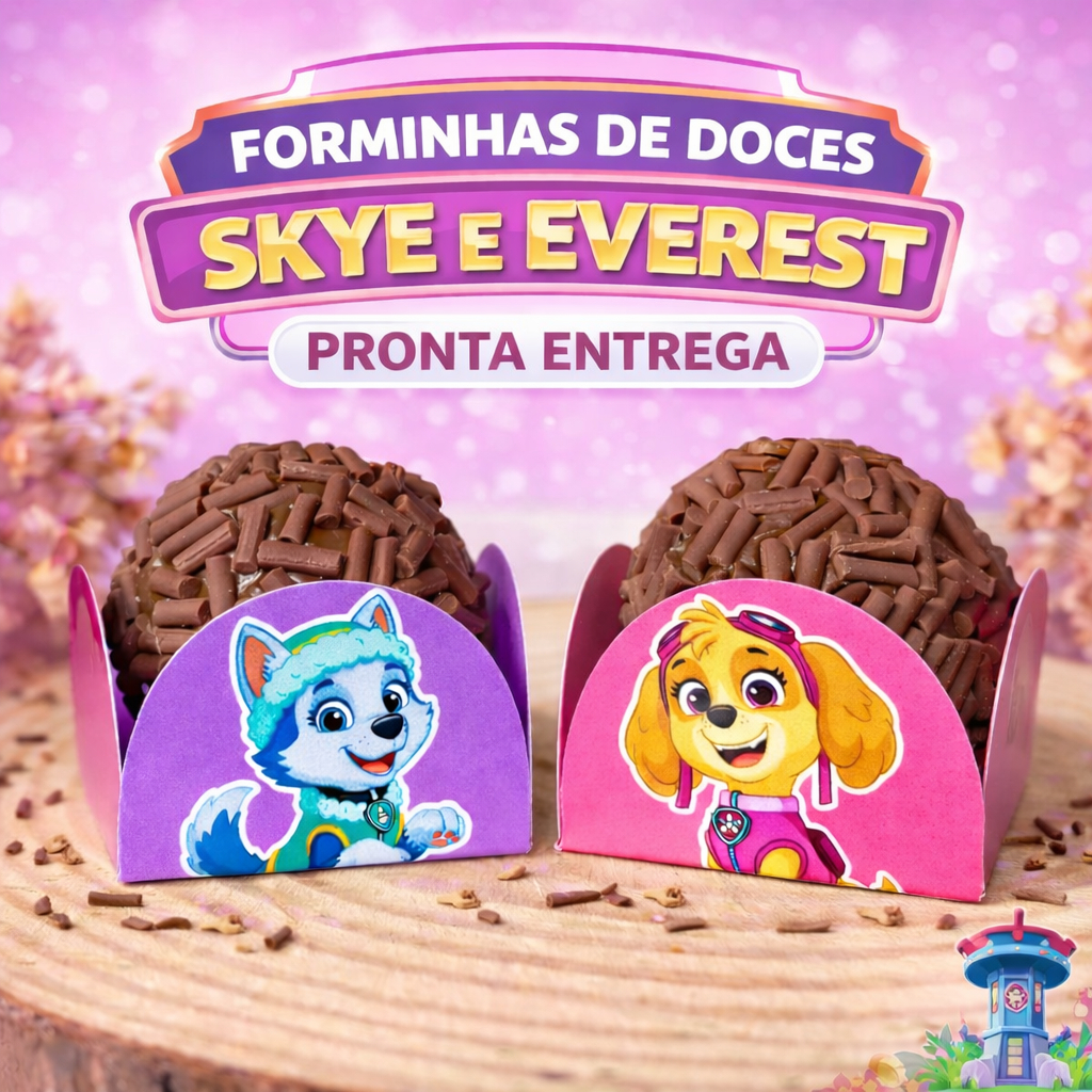 200 Forminhas Personalizadas de Doce Brigadeiro 4 Pétalas Festa, Aniversário Patrulha Canina Menina Skye e Everest