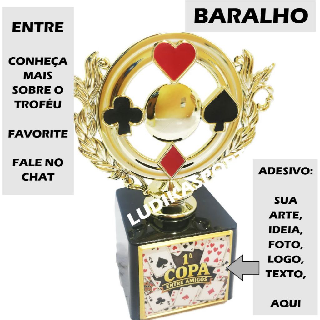 1 a 6 Troféu Baralho Naipes Ramos Ouro 14cm BL1 {Personalizo} Poker Truco Canastra Dourada Truco Uno