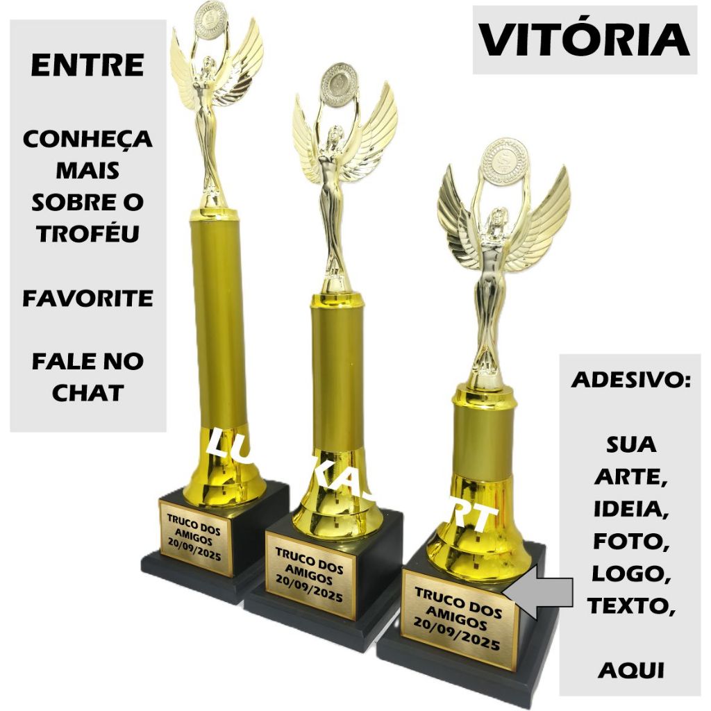 1 a 3 Troféu Vitória M Ouro 36cm/ 42cm/ 48cm TJA123 {Personalizo} Unitário ou Kit