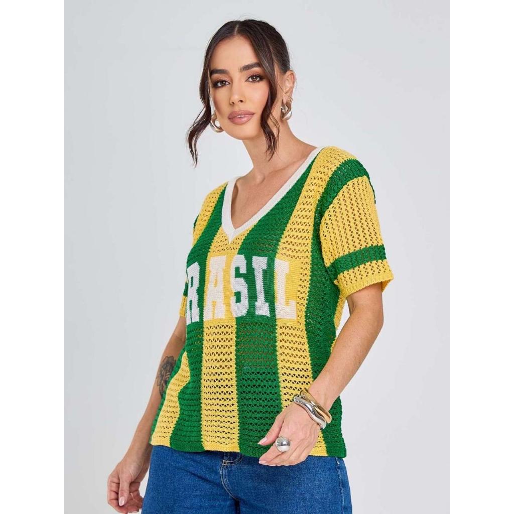 Camisa Tricot Brasil Copa do Mundo Verde E Amarelo Crochê Feminino Tendência Brazilcore Moda