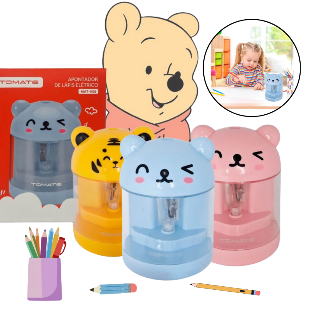 Mimo Escolar: Apontador De Mesa Elétrico Ursinho Infantil Com Adesivos Para Enfeitar Promoção