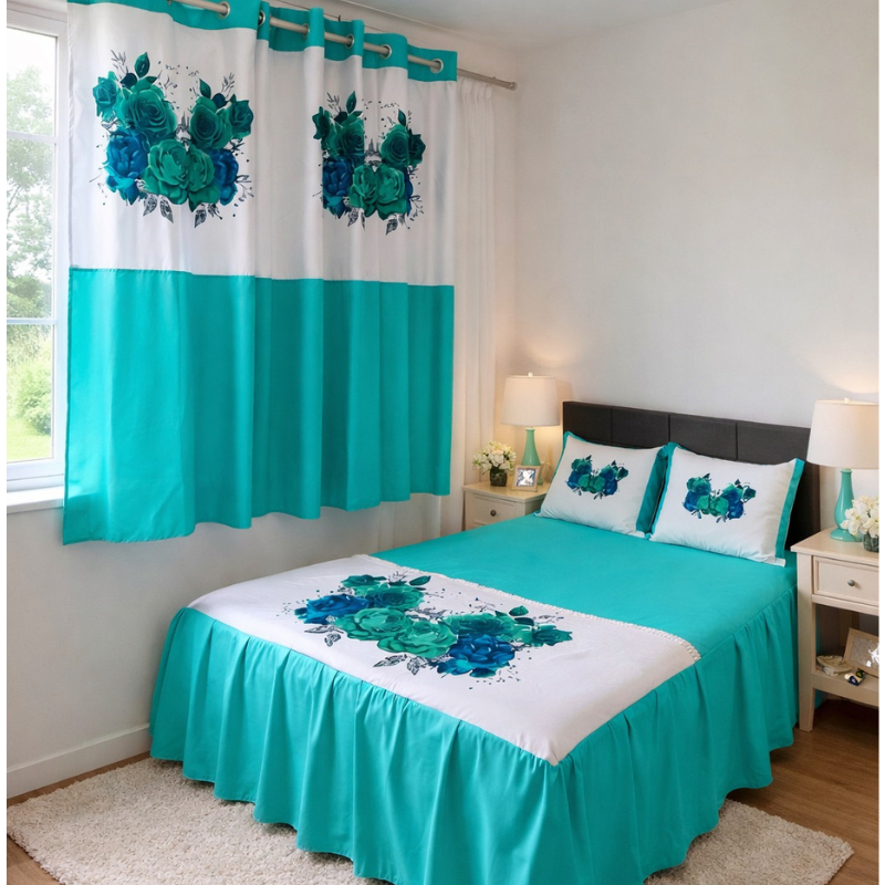 KIT DE QUARTO CASAL FLORAL 5 PEÇAS, COLCHA COM BABADO MEDINDO 2.45 x 2.50M e DUAS CORTINAS PARA JANELA