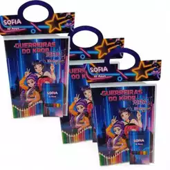 Kit Revistinha Livrinho de Colorir e Giz de Cera Personalizados - FESTA E LEMBRANCINHAS- GUERREIRAS DO KPOP K POP