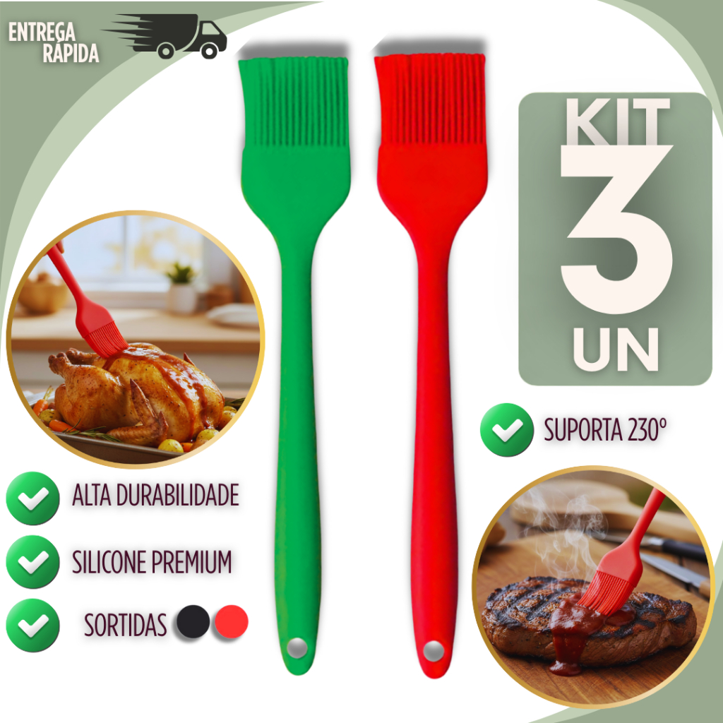 Conjunto 3 Pincel de Silicone Premium Utensílio de Confeitaria Cozinha Culinária 25cm Premium Utilidades Resistente