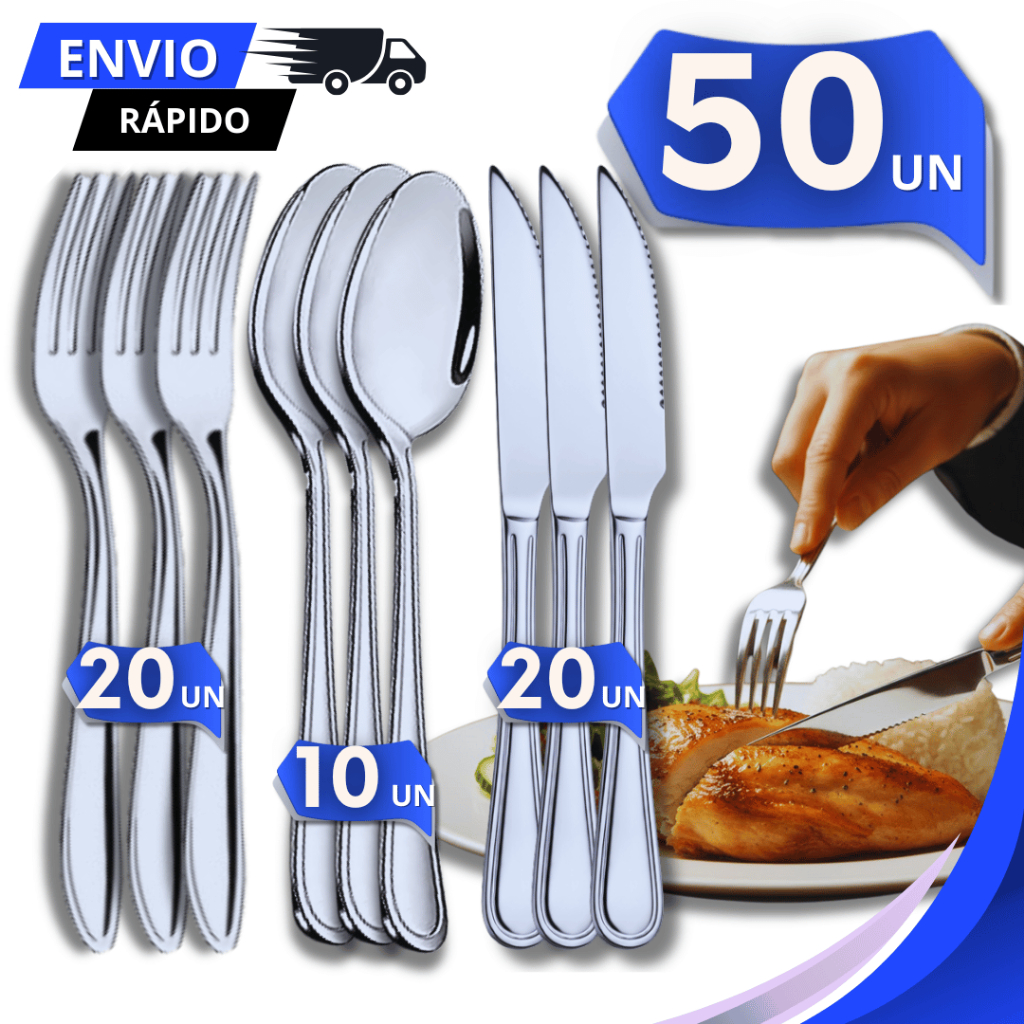 KIT de Talhares 50 Peças Inox 20 Facas c/ Serra 20 Garfos 10 Colheres de Sopa Mesa Jogo de Talheres