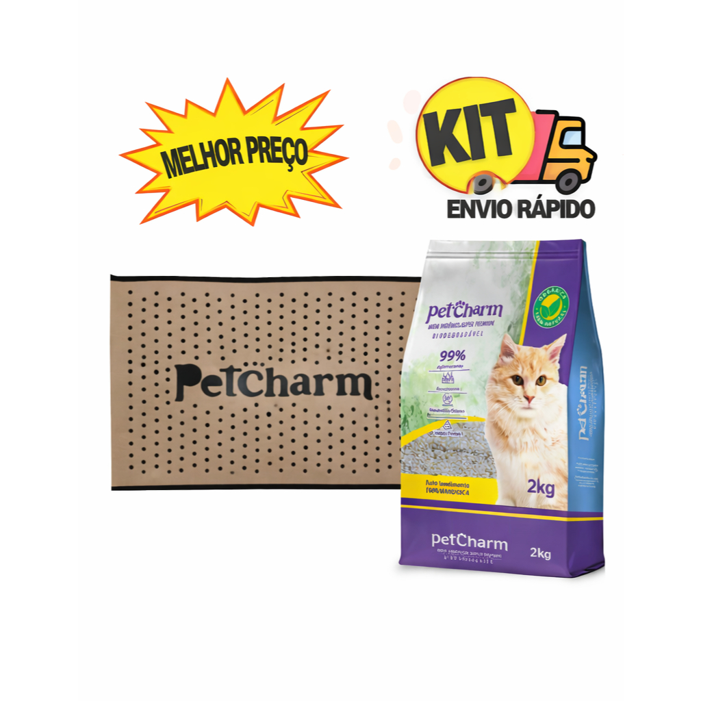 Kit PET CHARM Areia Higiênica Mandioca 2kg + Tapete Coletor EVA 60x40 | Zero Odor & Zero Sujeira