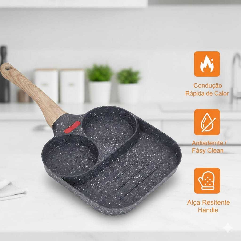 Frigideira 3 em 1 Antiaderente com Divisórias | Panela Multifuncional para Fogão a Gás, Elétrico e Vitrocerâmico
