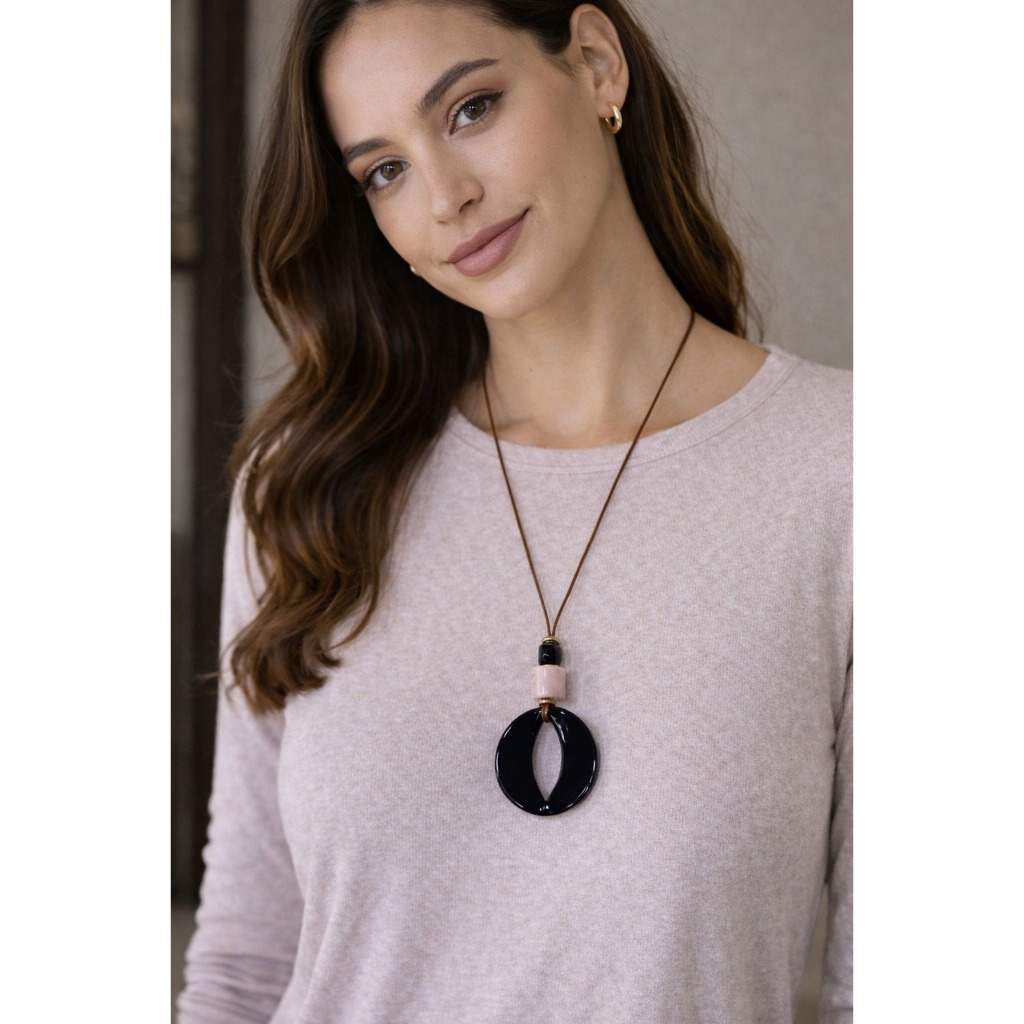Kit 2 ou 1 - Maxi Colar Feminino Resina e Cordão Longo Pingente Elo