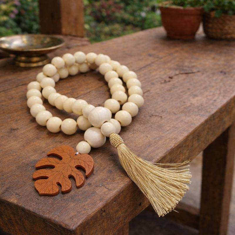Colar de Mesa Bege 1m com Tassel de Seda e Folha Costela de Adão | Decoração Boho Elegante em Oferta na Shopee
