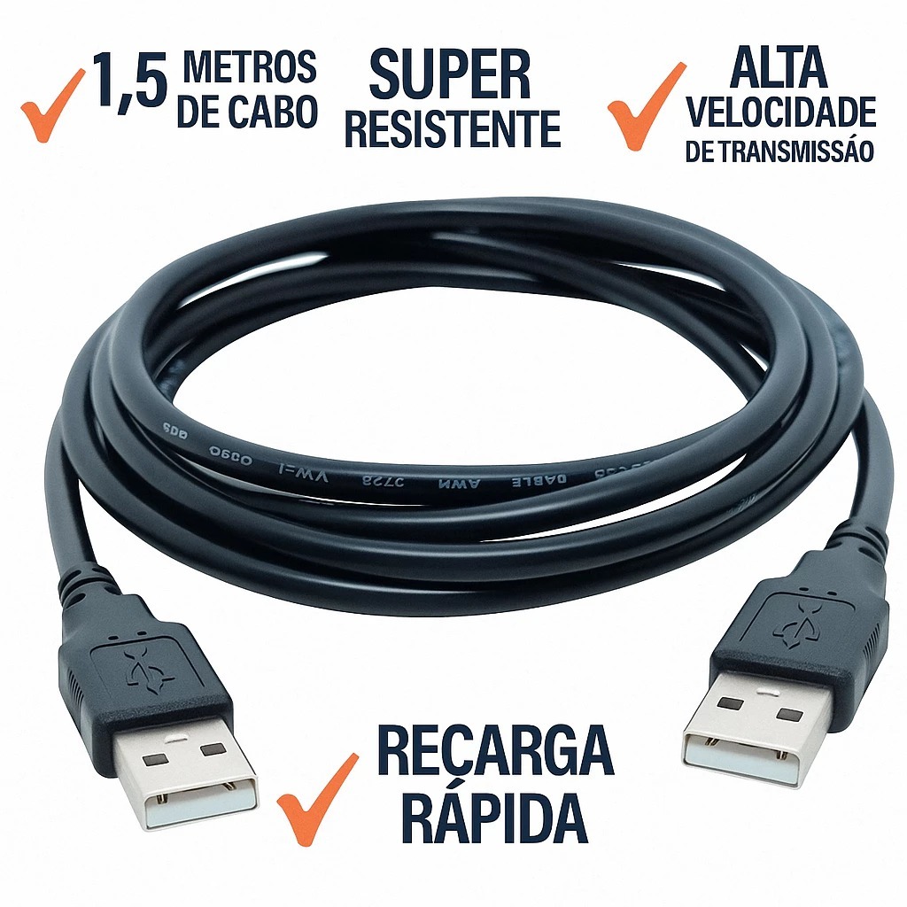Cabo USB Macho X Macho 1,5 Metros Rápido Resistente Compatível PC HD TV  USB-USB