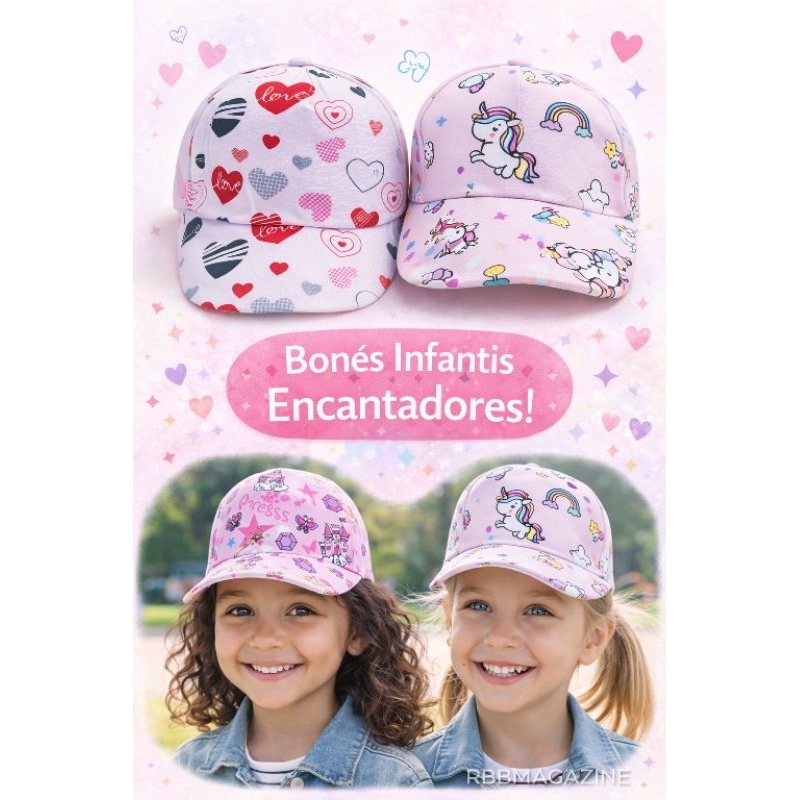 Boné Infantil Menina 50cm Ajustável – Modelo Princesa / Coração/ Unicórnio em Oferta na Shopee
