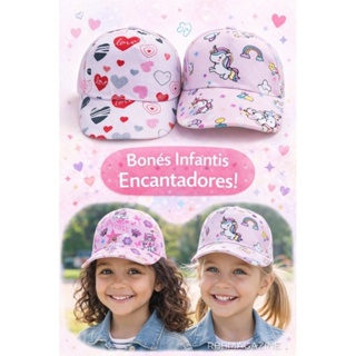 Boné Infantil Menina 50cm Ajustável – Modelo Princesa / Coração/ Unicórnio em Oferta na Shopee