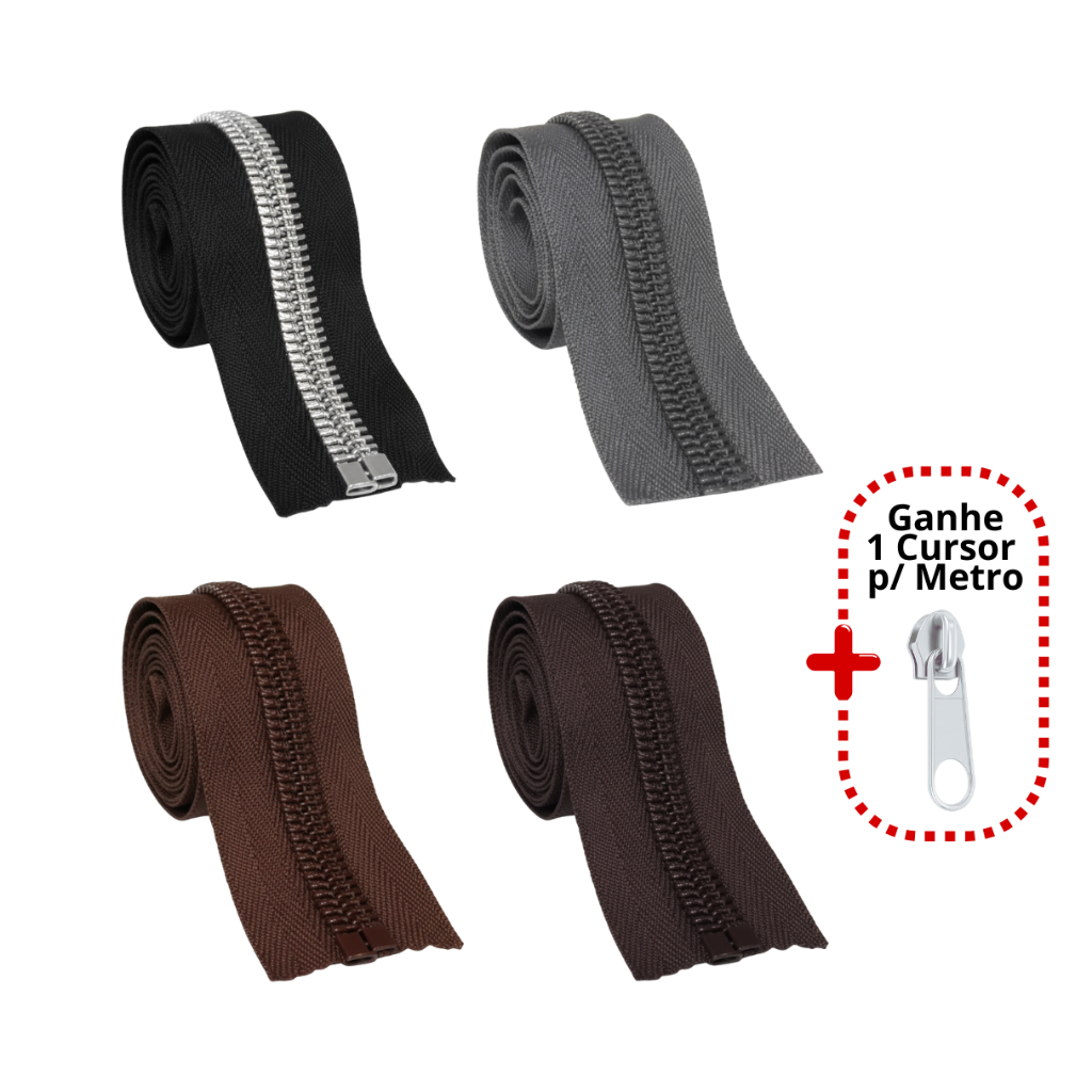 Ziper nº10 para Mala, Bolsa, Mochila, Bags, Necesserie. Cor Preto, Marrom, Café e Cinza