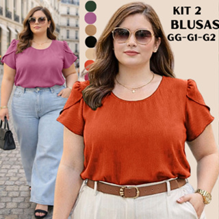 KIT 2 BLUSA FEMININA PLUS SIZE MODA ELEGANTE SOCIAL VERÃO BLUSAS FEMININAS BASICAS GRANDE BLUSINHA FEMININO TECIDO DUNA em Oferta na Shopee
