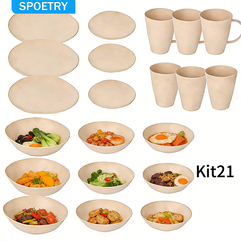 Conjunto de 21 peças de louça para festa, incluindo tigelas, copos e pratos; reutilizável.Utensílios de mesa irregulares