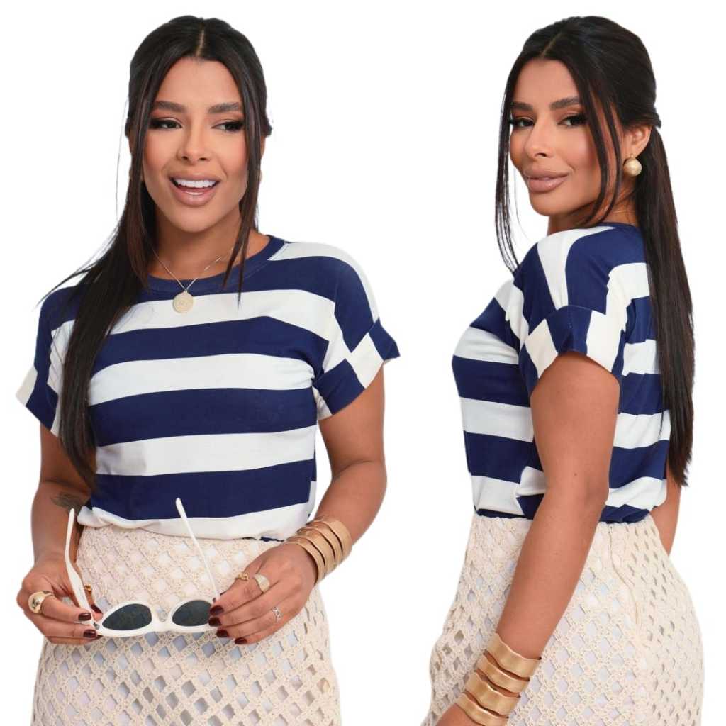 Blusa Camiseta Listrada Feminina Social Manga Japonesa Estilosa e Moderna Tendencia Inverno Moda Verão