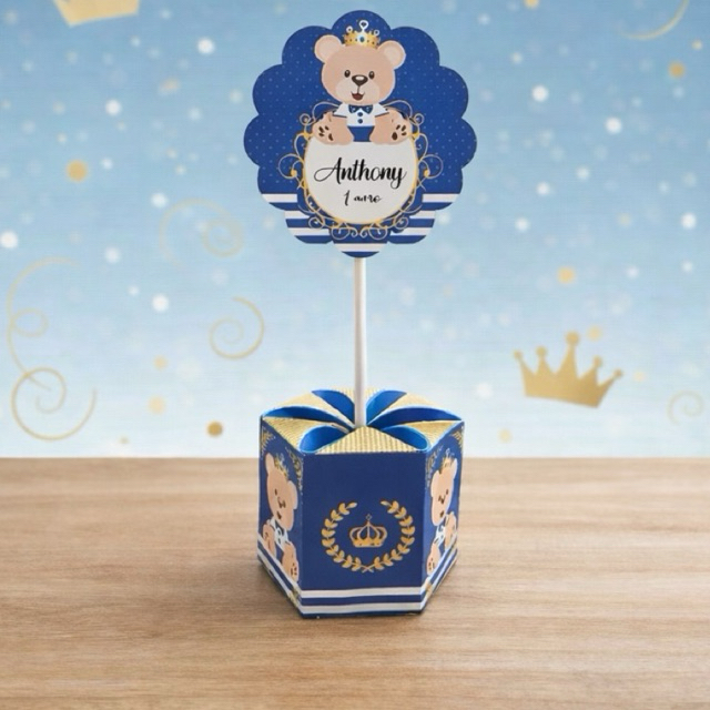Pegue e Monte Centro De Mesa Ursinho Realeza Personalizado Caixa Sextavada Festa Aniversário Infantil