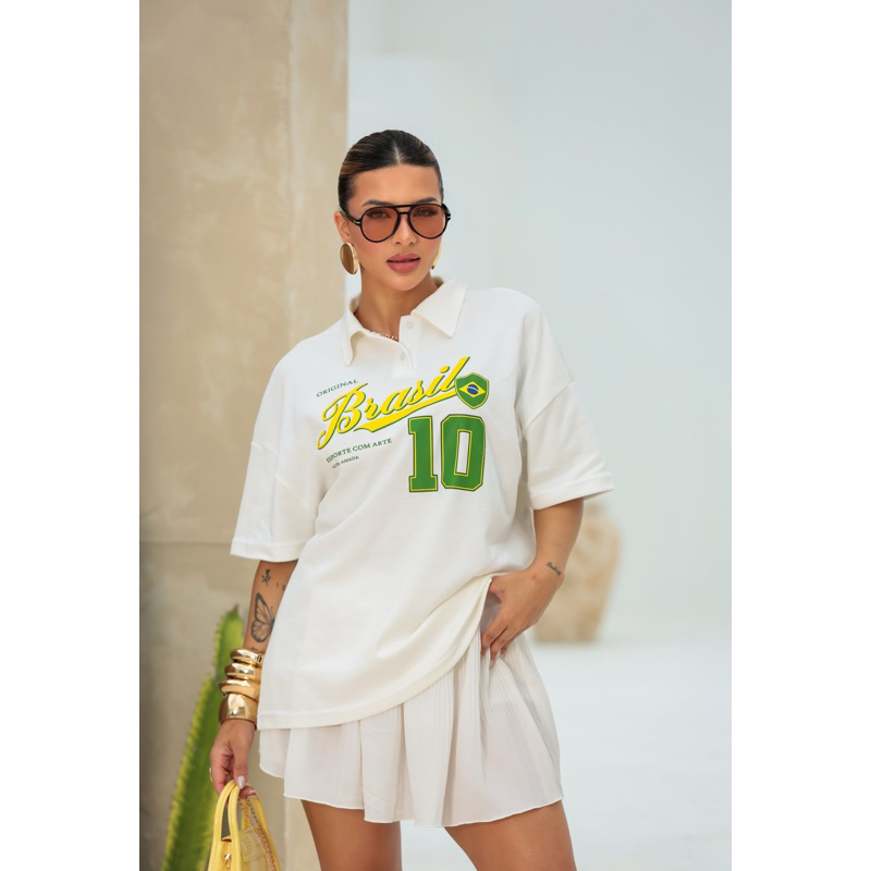 Camiseta polo feminina Oversized Brasil 10 malha suedine premium 100% algodão copa REGATA VIRGÍNIA BRASIL em Oferta na Shopee