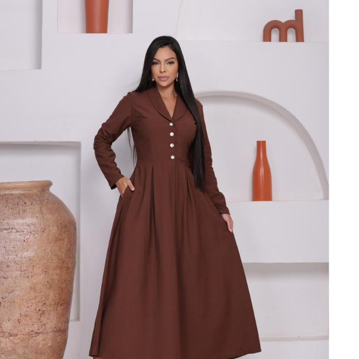 Vestido Feminino longo Elegante Casual Tecido Sensorial com Botões Manga Cumprida em Oferta na Shopee