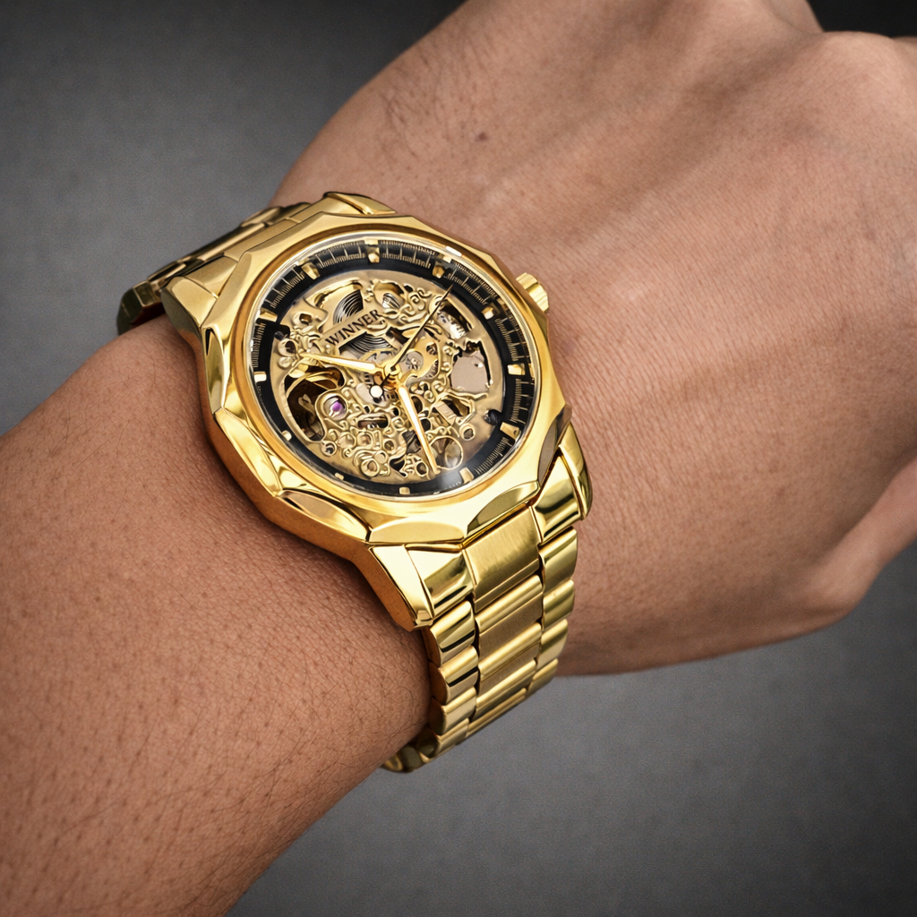 Relogio masculino Automatico Esqueleto T-winner Dourado D Luxo + Caixa