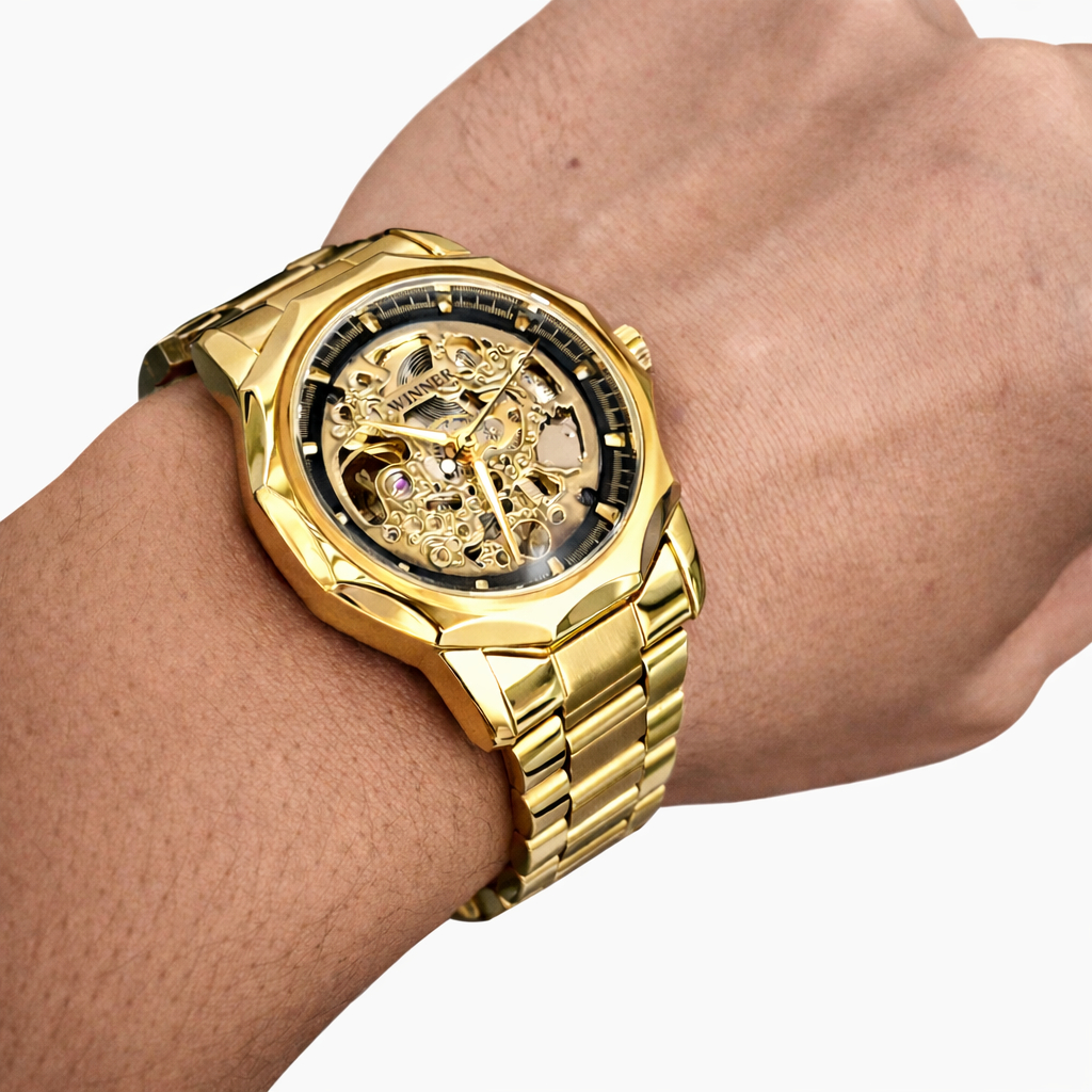 Relógio de pulso mecânico automático esqueleto dourado da marca T-Winner original