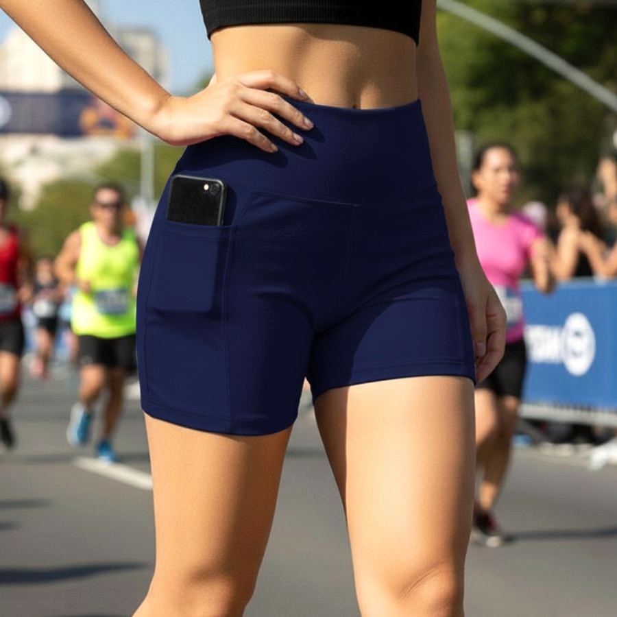 Short Legging Feminino Liso 2 Bolso Porta Celular/Chaves Academia Treino Corrida Ginastica Caminhada Zero Transparencia