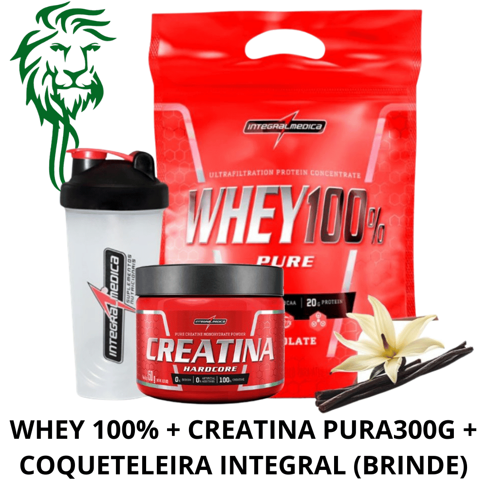 KIT Whey 100% Pure Refil 900g+ Creatina 300g Pura + Coqueteleira (Brinde)