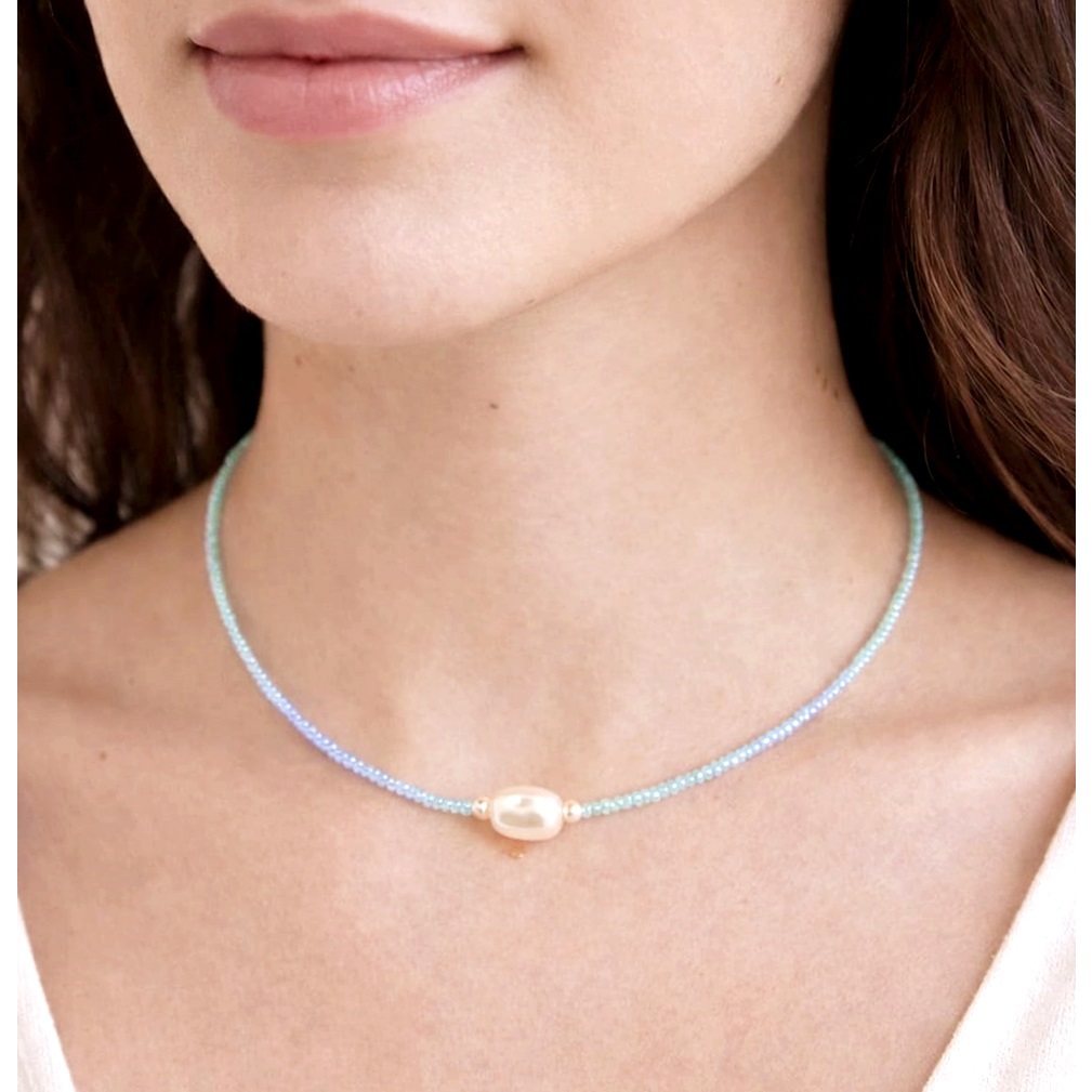 Colar de Miçanga Tons Azuis e Perola - Colar de Pérola e Miçangas Azul - Chocker