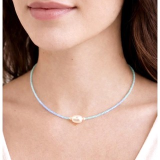 Colar de Miçanga Tons Azuis e Perola - Colar de Pérola e Miçangas Azul - Chocker