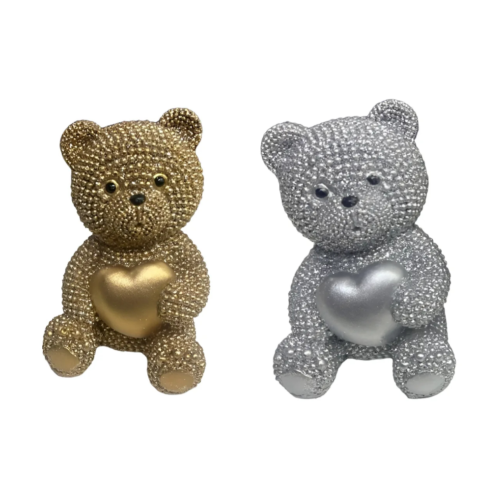 Mini Ursinho Decorativo em Resina Super Luxo Dourado/ Prata Brilhante