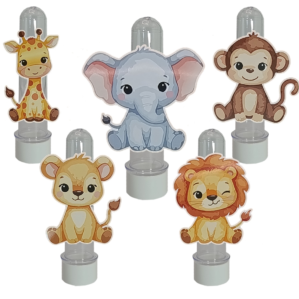 20 Tubetes + Aplique 3D Tema Bichinhos Safari Lembrancinha Festa Aniversário Infantil