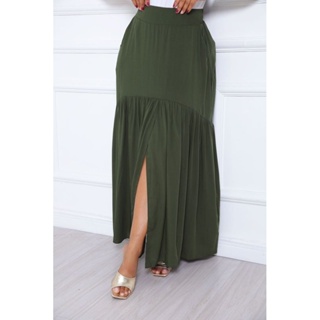 Saia Feminina Longa com Fenda Frontal, Detalhe Franzido e Tecido Viscolinho em Oferta na Shopee