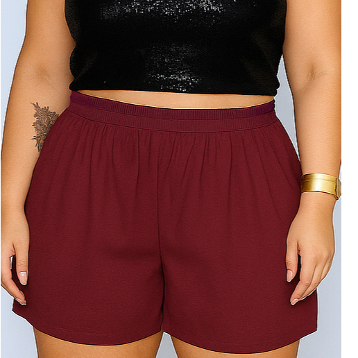 Short Plus Size Da Moda Feminina  Curvy Confortável em  Viscolinho com Ajuste em Elástico Na Cintura