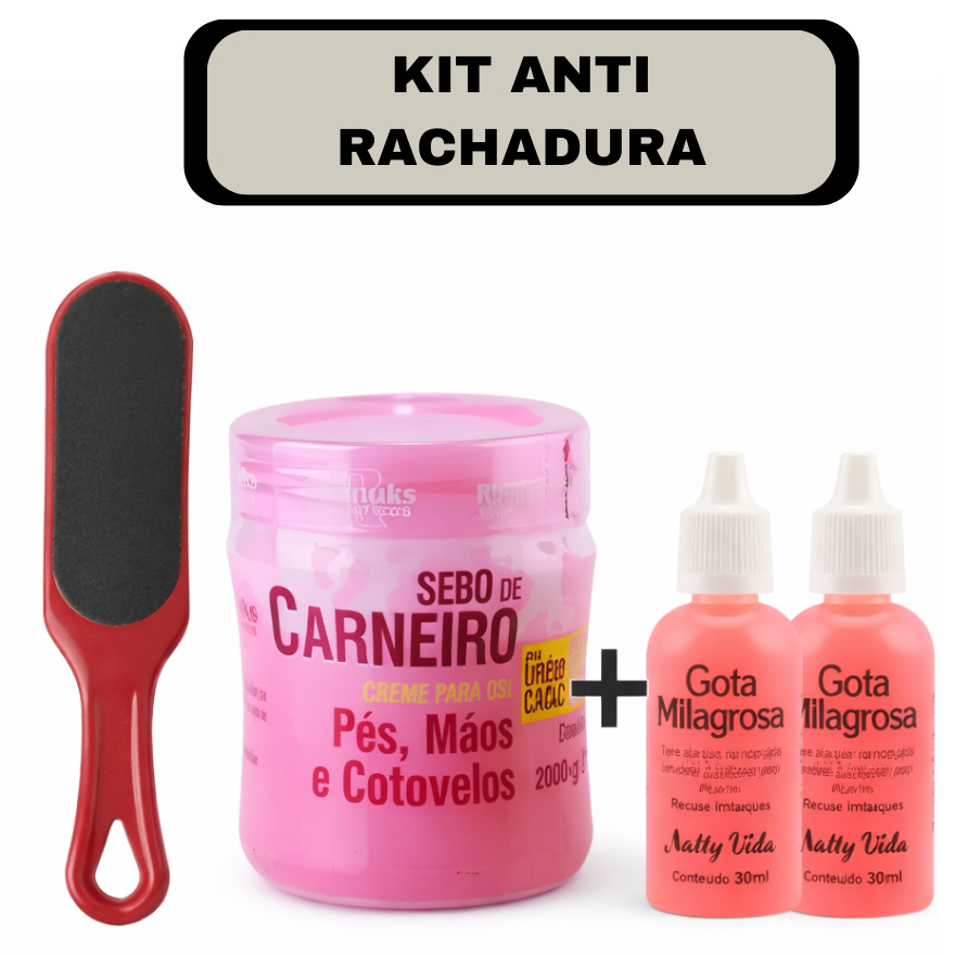 Kit Anti Rachadura nos Pés: 2 Gota Milagrosa + Sebo de Carneiro + Lixa de Pé (dois lados)
