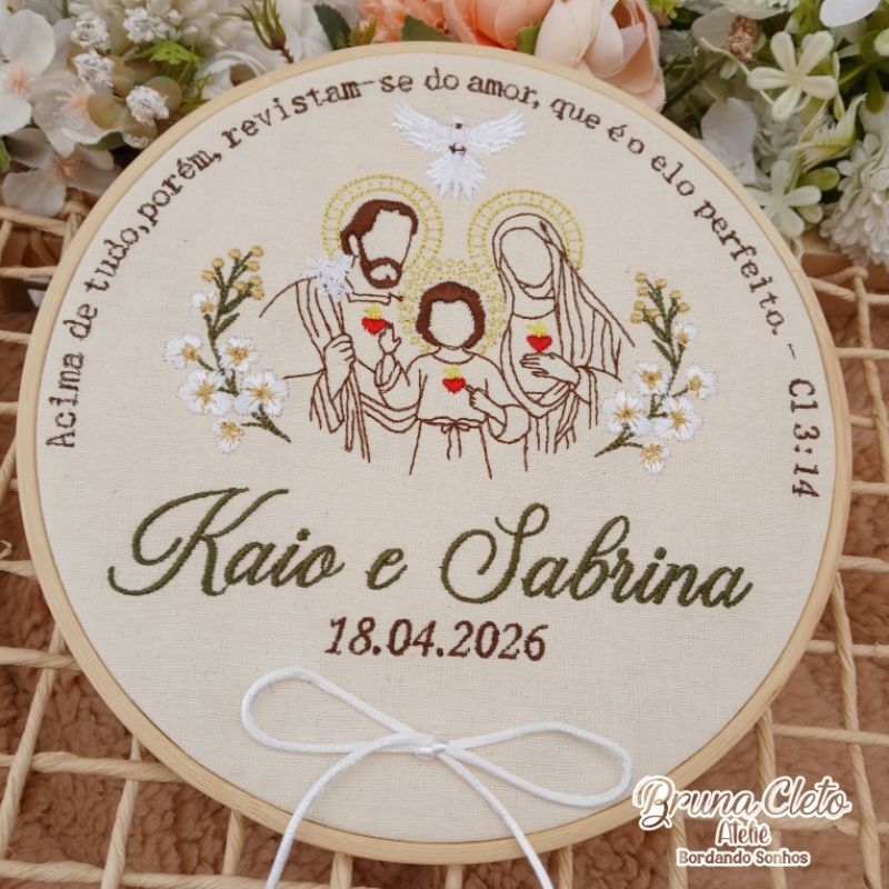 Porta Alianças de Casamento Sagrada Família Bordado