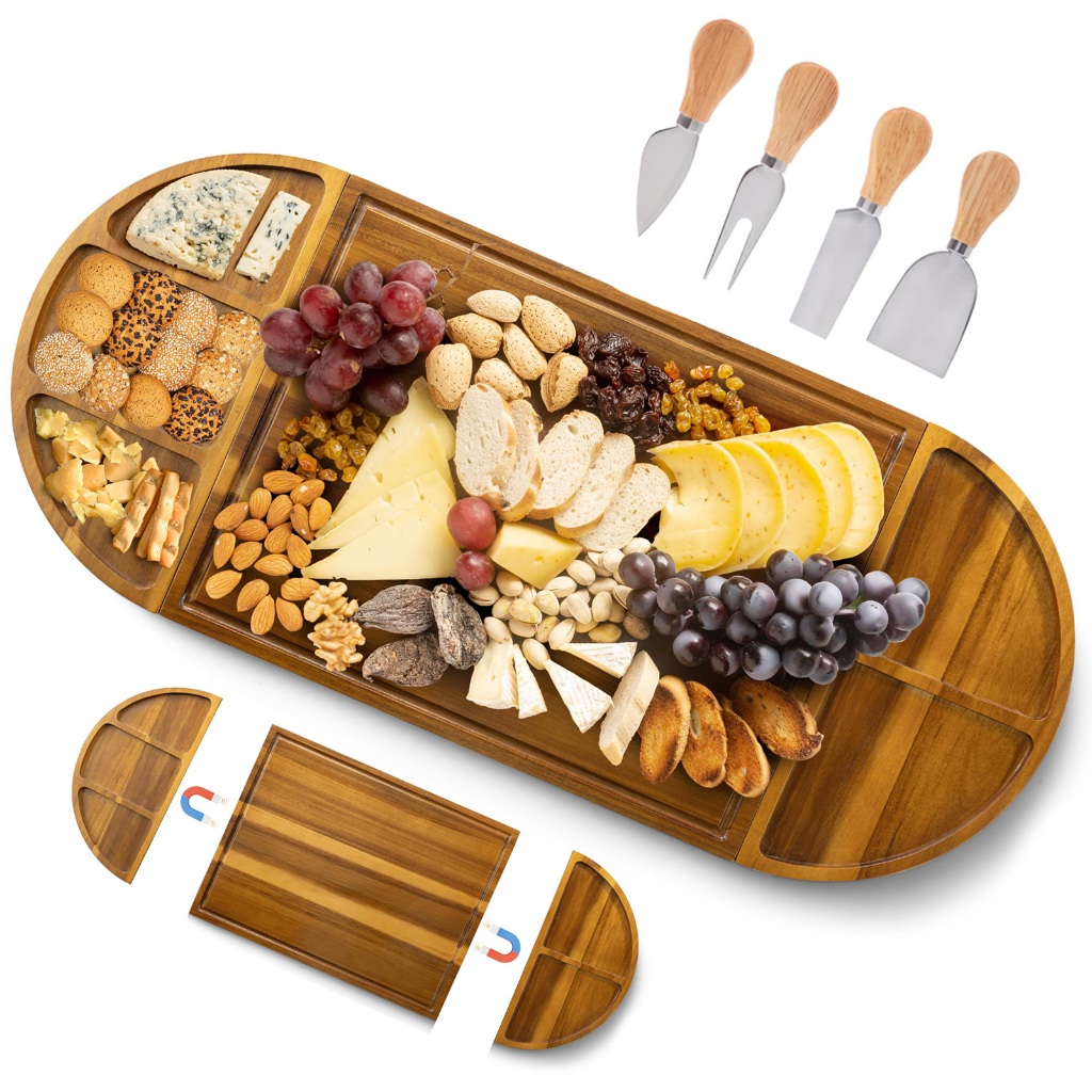 【Pronta Entrega】Tábua de Frios e Queijos Madeira Extensível Com 4 Facas